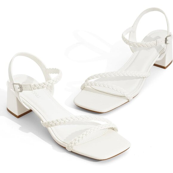Women's White Sandals 1.97 inch Low Chunky Block Heels Square Open Toe w Strap - Picture 6 of 7